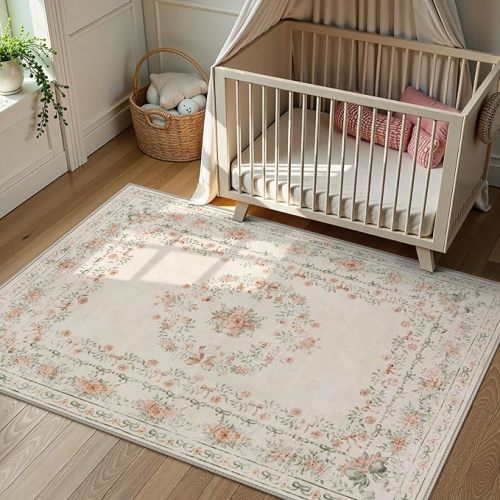 Wonnitar Floral Bow Washable Area Rug 5x7, Ultra-Thin Beige Rugs for Bedroom, Boho Non Shedding Neutral Soft Carpet for Nursey Kids Room Dorm Living Room, Beige