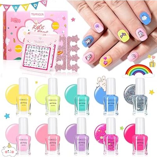 TOMICCA Kids Nail Polish Set, Non Toxic Quick Dry Water-Based Peel-Off 10 Colors Toddler Nail Polish Kit Natural Safe Quick Diy Kids Gifts Kit for Girls Ages 5+