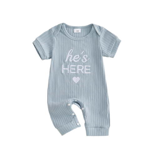 BemeyourBBs Newborn Baby Boy Hospital Going Home Outfit Infant Baby Boys Summer Clothes He's Here Letter Print Ribbed Romper Short Sleeve Casual One Piece Jumpsuit