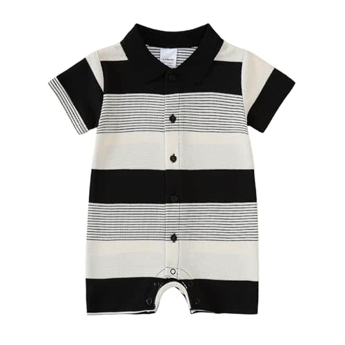 DEFAHN Baby Boy Polo Striped Rompers Pique Short Sleeve Collared Gentleman Outfit One Piece Summer Infant Clothes 0-24 Months