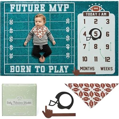 Bliss n' Baby Monthly Milestone Blanket for Baby Boys - 60"x40" - Wrinkle Free Football Age Month Blanket with Growth Chart - Washable & Dryable - w/Frames & Cotton Bib - Sports Theme Baby Accessories