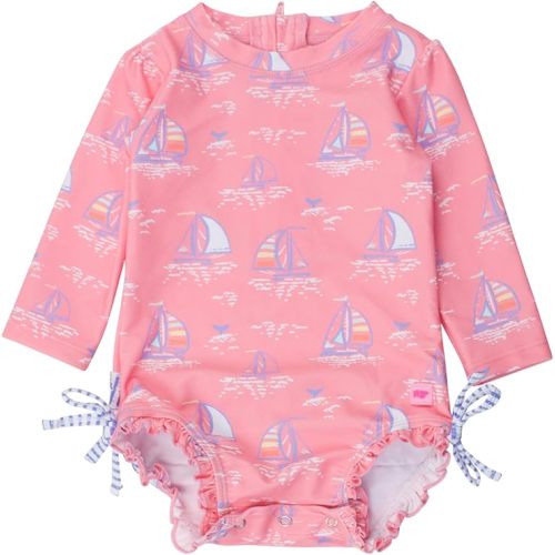 RuffleButts Baby Girls UPF 50+ Sun Protection Floral Printed Long Sleeve One Piece Rash Guard Swimsuit with Zipper