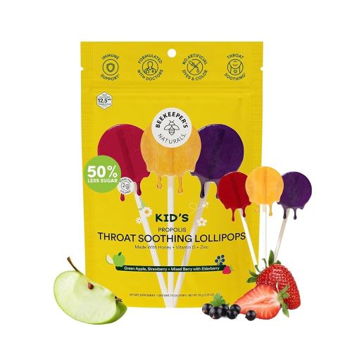 Kids Throat Soothing Lollipops by Beekeeper's Naturals - Doctor Formulated Immune Support, Vitamin D & Honey, Under 2g Sugar, Clean Ingredients,15 ct