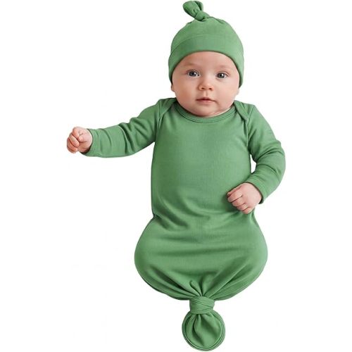 Newborn Knotted Baby Gowns, Long Sleeve Infant Sleeper with Mitten Cuffs, Baby Girl Boy Hospital Outfit Coming Home Clothes, 0-6 Months,Green