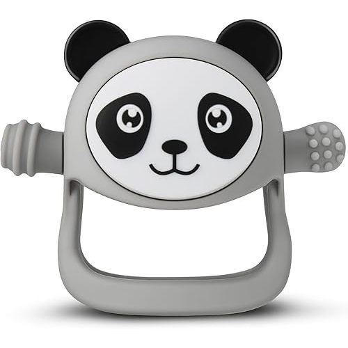 COZYPANDA Teething Toys for 0-12 Months, Never Drop Baby Teether for Teething Relief, Silicone Panda Baby Hand Mittens with Sucking Need Pacifier, Chew Toys for Breast Feeding (Grey)