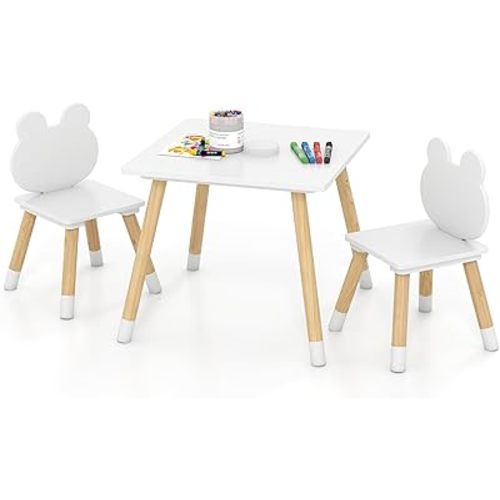 Costzon Kids Table and Chairs, Wooden Toddler Bear-Shaped Table Set (White)