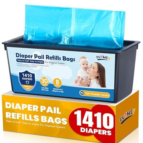 FURWEY Diaper Pail Refill Bags, 1-Pack (30 Bags), 30 Bags Per Refill | Compatible with Genie Easy Roll Signature Diaper Pails, Holds Up to 4230 Newborn Diapers, 7 Layer Odor Barrier, Scented