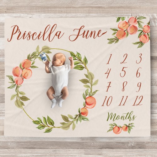 Custom Peaches Milestone Blanket Personalized blanket Monthly Growth tracker, baby shower gift, New Mom Gift Mother's day, Baby Tracker gift