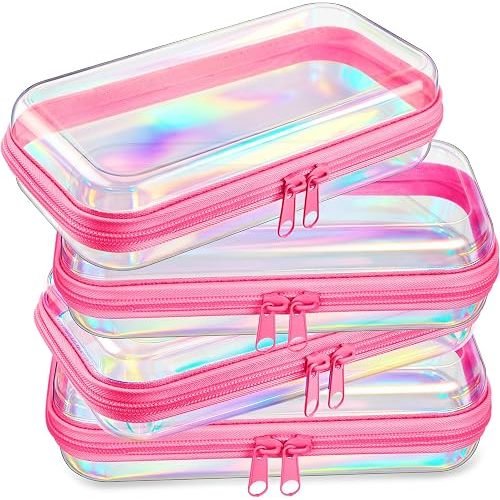 4 Pcs Hard Clear Zipper Case Makeup Bags Plastic Zipper Pouch Transparent Storage Box Containers for Cosmetics, Snacks, Building Blocks, Puzzles(Clear,7.5 x 3.9 x 2 in,Pink Laser)