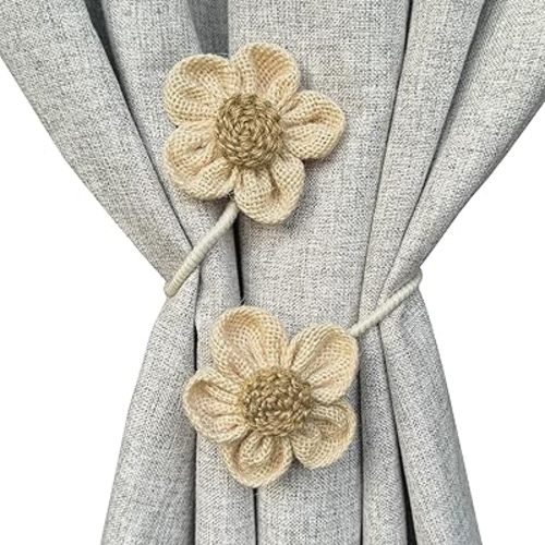 Curtain Tie Backs for Curtain Drapes, Boho Decor Holdback Farmhouse TieBacks for Blackout/Sheer Curtains, Jute Rope with Flower, Natural Decor Shabby Chic Drapery Holder, Pack-2