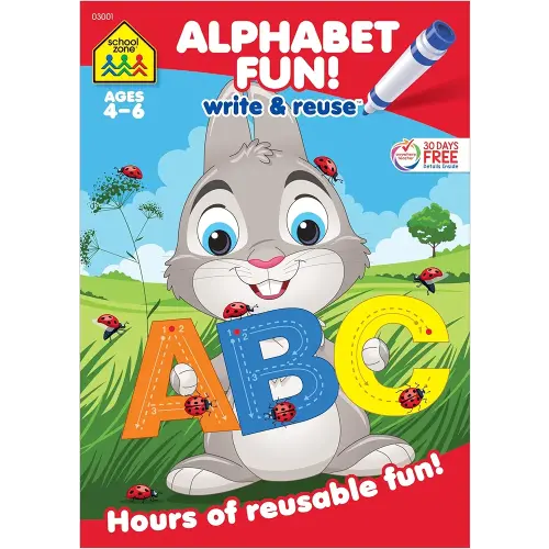 School Zone Alphabet Fun! Write & Reuse Workbook: 26 Wipe-Clean Pages, Preschool, Kindergarten, Write-On Learning, Write and Wipe, Alphabetical Order, Phonics, Printing & Tracing Letters, Ages 4-6