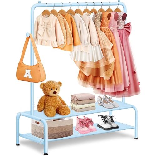 Kids Clothing Rack - Dress Up Clothes Storage Racks - Modern Wardrobe - Small Kids Costume Wardrobe Rack with 2 Fabric Floors Storage Shelf -Blue Dresser for Kids Bedroom
