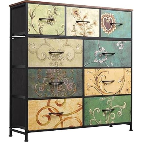 WLIVE 9-Drawer Dresser, Fabric Storage Tower for Bedroom, Hallway, Entryway, Closet, Tall Chest Organizer Unit with Fabric Bins, Steel Frame, Wood Top, Easy Pull Handle, Floral Painted