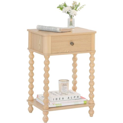 AWASEN Night Stand, Small End Table with Storage for Living Room, Farmhouse Bedside Side Table with Spindle Wood Legs for Bedroom, Office, Natural