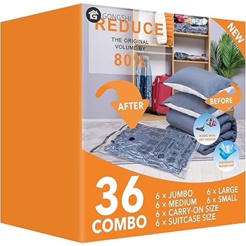 36 Pack Vacuum Seal Bags For Clothing,(6 Jumbo, 6 Large, 6 Medium, 6 Small, 6 Travel roll up bags,6 small Travel roll up bags) Space Saver Bag for Clothes, Blanket, Duvets, Pillows, Comforters