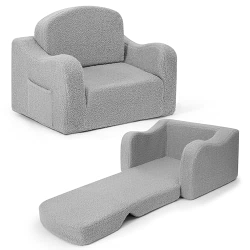 Airpanda Cozy Kids Sofa Chair, 2-in-1 Fold-Out Kids Couch for 3-7 Years Old Girls and Boys, Convertible Soft Children's Sofa, Removable Washable Cover,Light Grey
