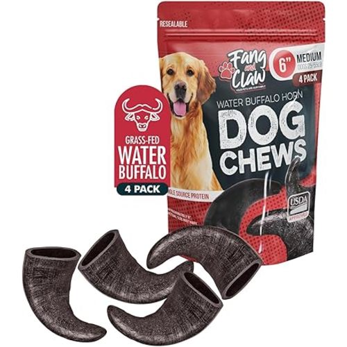 Water Buffalo Horn Dog Chew 4 Pack (Medium 6 Inch), Long-Lasting Natural Chews for Aggressive Chewers, Single-Ingredient, No Rawhide