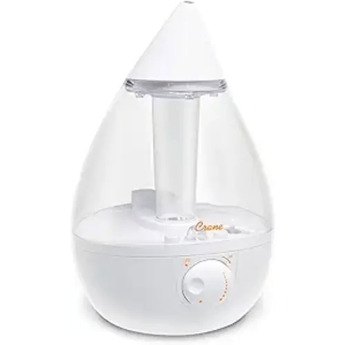 Crane White Teardrop Ultrasonic Cool Mist Humidifier, 1 Gallon Auto Shut-Off for Large Room, Baby Nursery, Bedroom Office, Clear & White