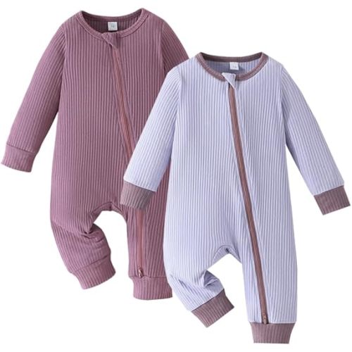 Bafeicao Unisex Baby Boy Girl 2/3 Pack Rompers Long Sleeve 2 Way Zipper One Piece Jumpsuits Clothes Sets