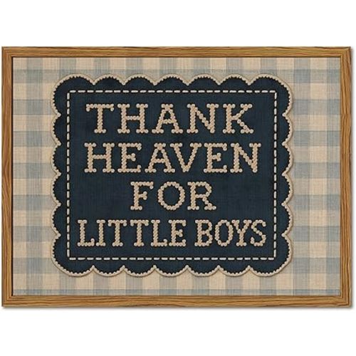Framed Thank Heaven for Little Boys Wall Art, Baby Boy Nursery Wall Decor, Vintage Blue Gingham Inspirational Quote Paintings Canvas Prints Pictures for Toddler Kids Bedroom 12x16 inch