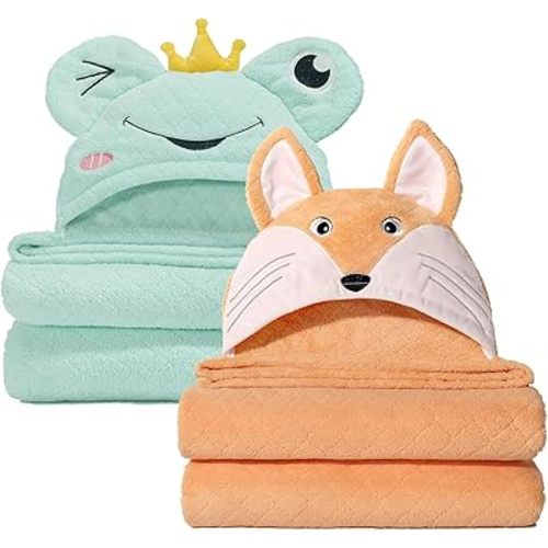 Hooded Baby Towels, 2-Pack Thick Absorbent Large 50"x 32" Baby Towels with Hood Aniaml for Children,Shower,Beach, Green & Orange Set