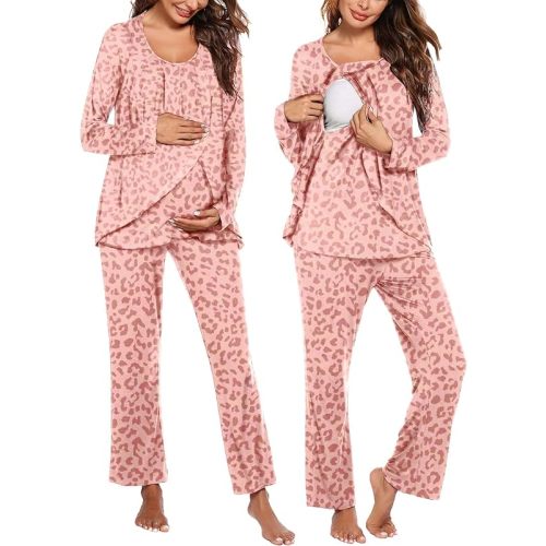 Ekouaer Maternity Nursing Pajama Set Long Sleeve Top & Pants with Pockets Breastfeeding Sleepwear Double Layer Pregnancy