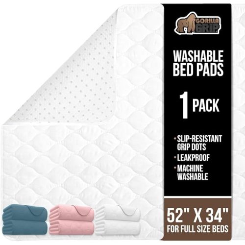 GORILLA GRIP Washable Underpads, Waterproof Reusable Heavy Absorbency Incontinence Bed Pads, Leak Proof Toddler Mattress Pad, 52x34 Slip Resistant Protector for Bedwetting, Adults and Kids, White