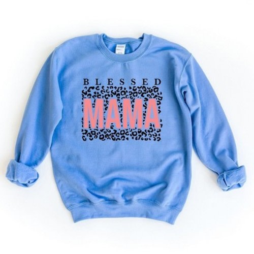 Simply Sage Market Women's Graphic Sweatshirt Blessed Mama Leopard - M - Carolina Blue