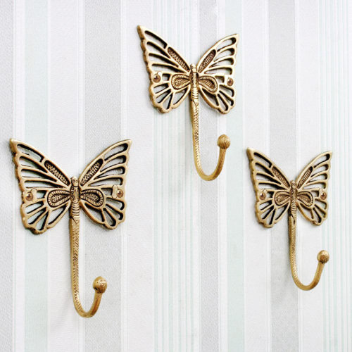 August Grove® Decorative Brass Butterfly Cute Kids Wall Hooks Heavy Duty Coat Rack Wall Mount Vintage Gold Towel Hooks - 3 Pack | Wayfair