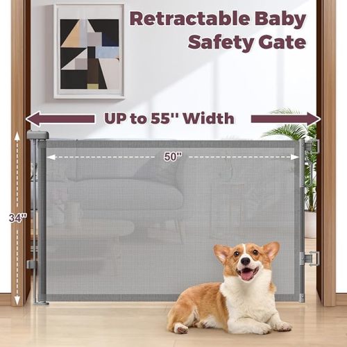 Retractable Baby Gate for Stairs, 55" Wide Mesh Dog Gate Indoor, 34'' Tall Child Gate for Doorways, Hallways, Deck, Indoor Outdoor Pet Baby Safety Essentials for Home, Grey