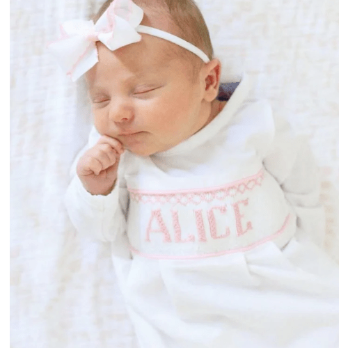 Pink Baby Snuggles - Custom Smocked Pima Gown and Hat