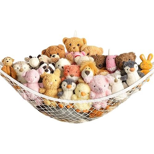Stuffed Animal Storage Hammock Net Corner - Large Toy Hammock Net for Stuffed Animals Room Decor - Cute Stuff Animal Organizer Holder for Plush Plushie - Kids Baby Nursery Wall Bedroom Home Decor