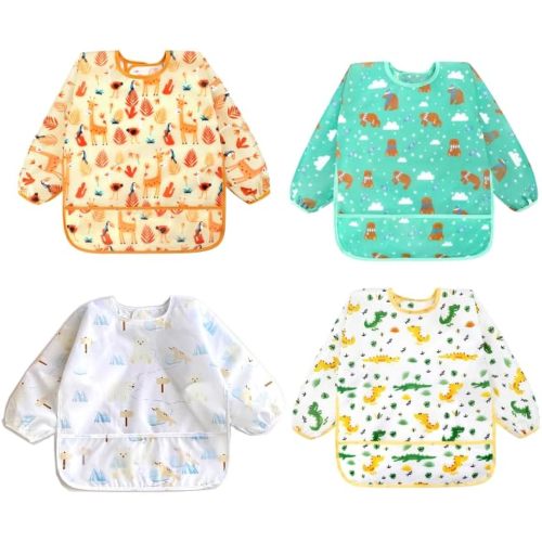 Accmor 4 Pack Long Sleeve Bibs, Baby Smock Waterproof Sleeved Bib Smock for Baby Toddler 6-36 Months
