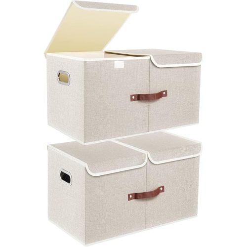 TYEERS Extra Large Collapsible Storage Bins with Lids and Compartments, Washable, Fabric Storage Boxes, 21.7x13x11.8 inches, 2 Pack, Beige