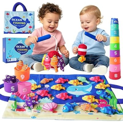 Montessori Toys for Toddlers, 29-piece Cloth Fishing Game Set with Stacking Cups, Perfect for Toddler Birthday Gifts, Sensory Fishing Toy for Babies, Double Fishing rods