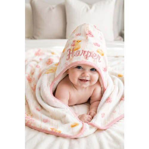 Bamboo Hooded Towel in Bubble Duckies Pink | Caden Lane
