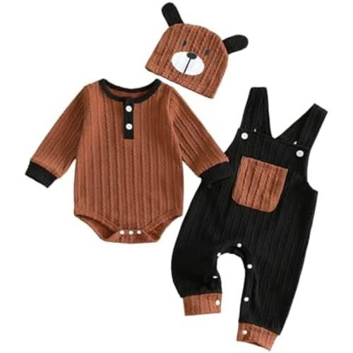Newborn Baby Boy Clothes Fall Winter Outfit Long Sleeve Textured Romper Pocket Suspender Pants Dog Hat 3 Piece Set