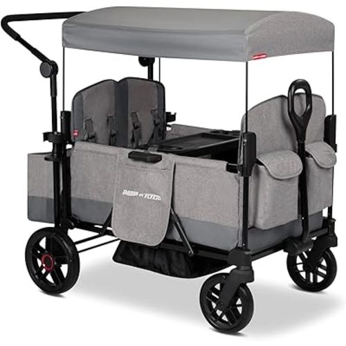 Radio Flyer Pathfinder 4-Seat Stroller Wagon, for Kids 6+ Months, Compact Fold, UV Canopy, Snack Tray & Storage, Cup Holders, Never Fall Pull Handle, Seats Convert to Flatbed, Stroller Wagon for Kids