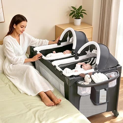 Twin Bassinet for Baby, 3-in-1 Bedside Bassinet for 2 Babies Convertible to Bedside Sleeper and Playpen, Includes 2 Removable Rocking Portable Baby Bassinets and Storage Bags, Light Grey