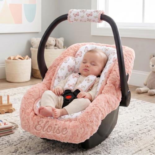 Butterfly Baby Car Seat Insert Cushion Set - Head and Body Support Pillow - Personalized Minky Car Seat Liner - Strap Covers