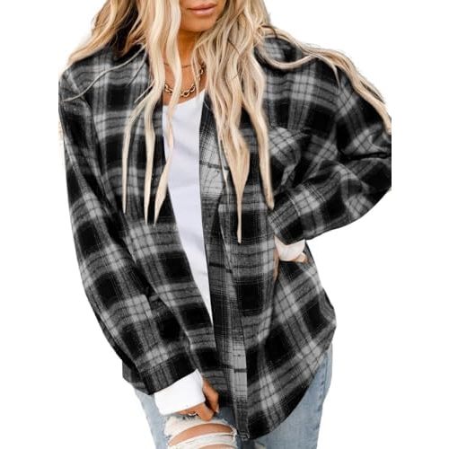 Asiertiy Womens Buffalo Plaid Flannel Shirt Button Down Blouses Tops XS-4XL