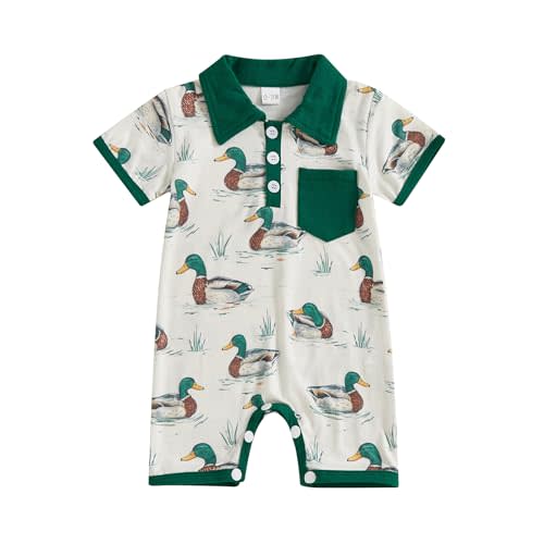 Baby Boys Duck Romper Mallard Duck Polo Romper Shirt Button Down Collared Jumpsuit Shortall Infant Hunting Outfit