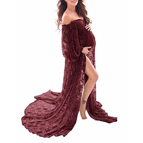 Saslax Soft Stretchy Lace Off Shoulder Doubly Split A-line Skirt Maternity Dress Pregnancy Maxi Gown for Photoshoot
