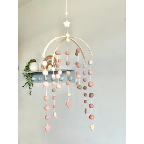 Blush Heart Felt Ball Nursery Mobile - Wooden Arch Baby Decor
