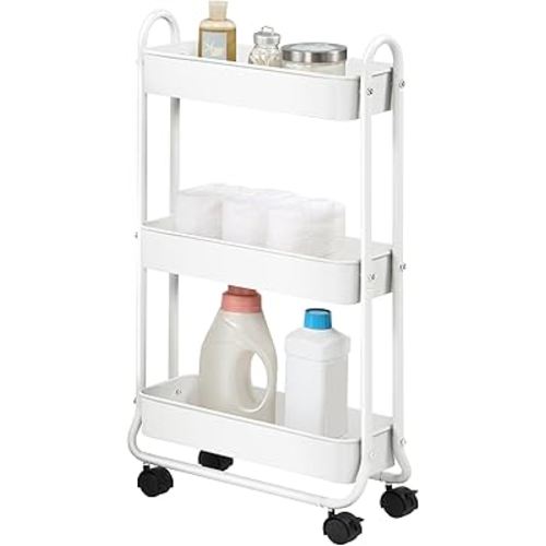 SunnyPoint Slim Rolling Storage Cart, 3 Tier Bathroom Storage Organizer Bathroom, Laundry Utility Cart (White)