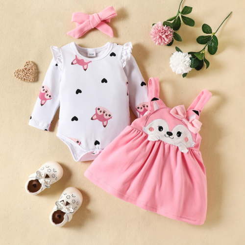 Bnwani Baby Girl Bodysuits Cotton 3 Piece Winter Cotton Warm Fox Print Long Sleeve Skirt Set and Headband Size Preemie-18 Months