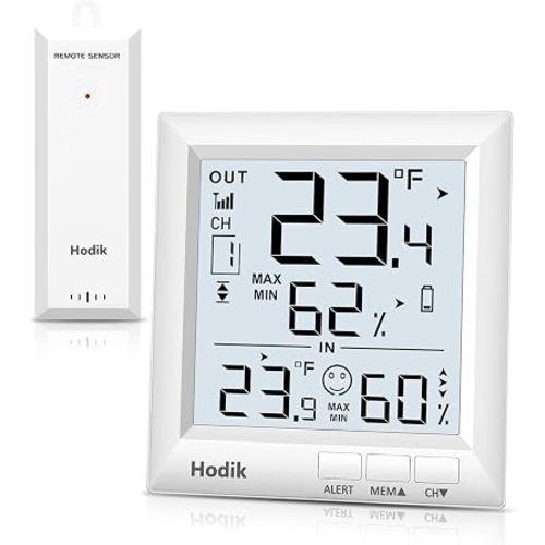 Indoor Outdoor Thermometer Wireless Weather Station (White) | Temperature Humidity Monitor Inside Outside Room Remote Digital Thermometers with 330ft Range Sensor Backlight Display