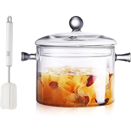 Clear Glass Simmer Pot for Stove Potpourri Cooking Saucepan with Cover Cookware Set Heat-Resistant Stovetop Pot And Pan with Lid, Soup, Milk, Baby Food,Fruit and Spices 1.5L/ 50 FL OZ
