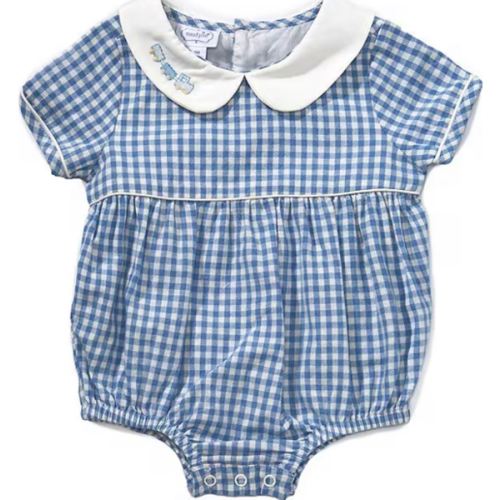 Mud Pie Baby Boys Gingham Short Sleeve Peter Pan Collar Train Embroidery Bubble | Dillard's