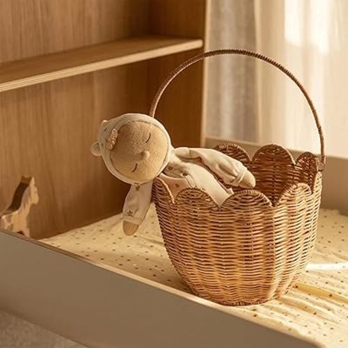 Scalloped Edge Round Basket with Handle, Super Sturdy Wicker Storage Baskets, Hand Woven Basket for Shelves,Natural Baskets for Organizing (Brown Rattan, 10.2"*10.2"*7.3")